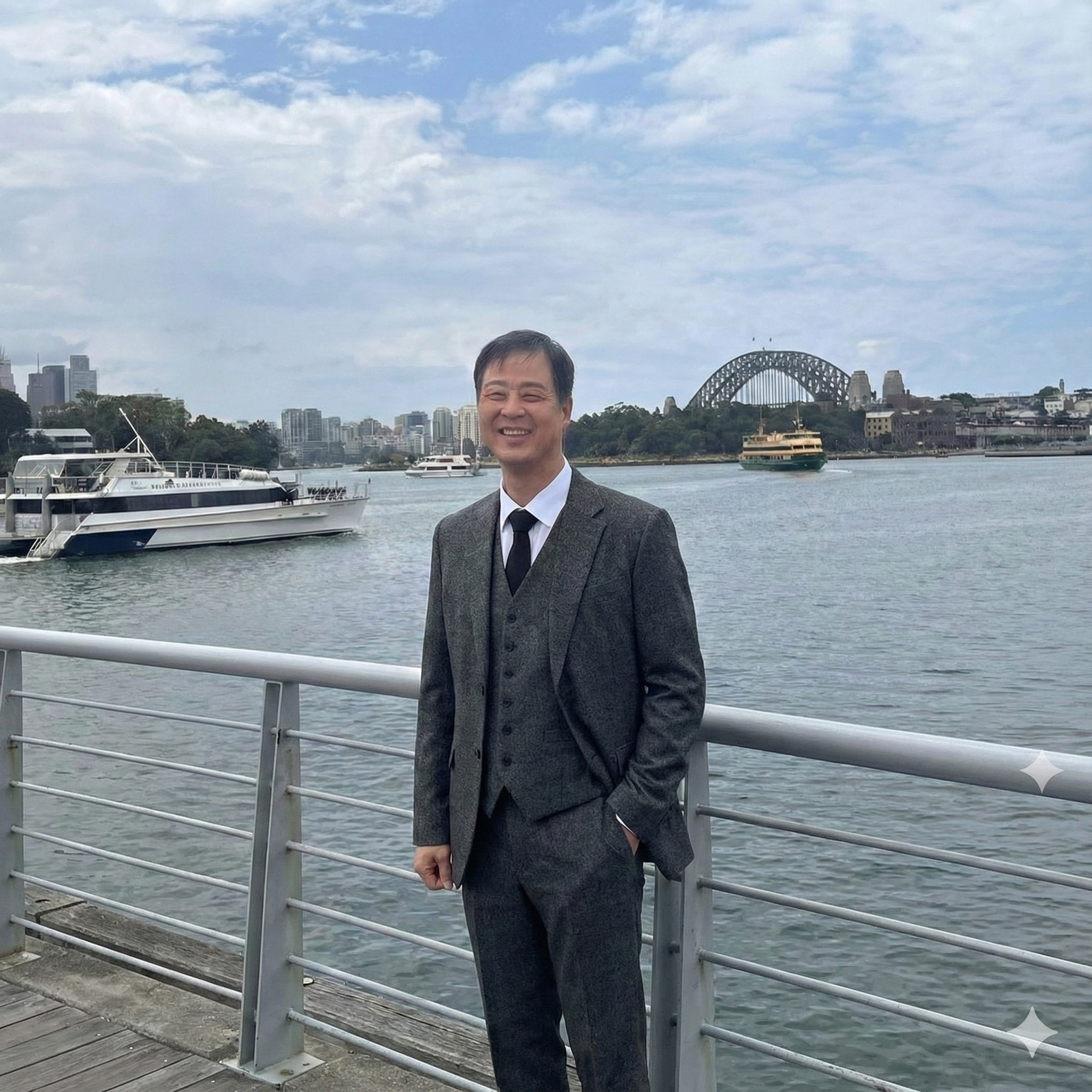 A portrait of a father by the water.